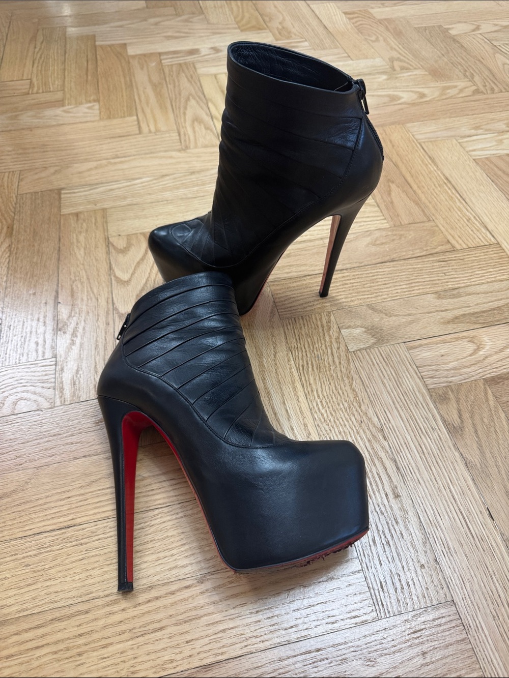 Christian Louboutin Black Leather Platform Ankle Boots with Red Soles